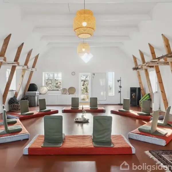 Et meditationsværelse med orange madrasser og grønne ryglæn placeret i en cirkel. Rummet har hvide vægge med træbjælker og lamper hængende fra loftet.