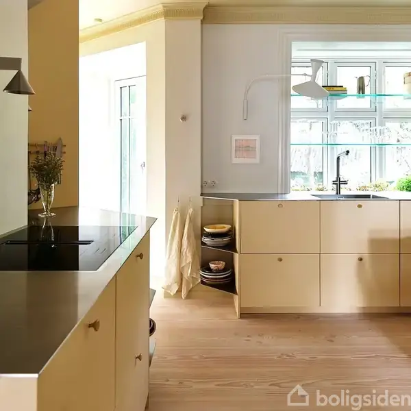 Køkken med lyse træskabe, hvor tallerkner og skåle står stablet. En moderne induktionskogeplade er på en bordplade, mens et vindue med udsigt til en have slipper naturligt lys ind.