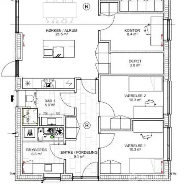 Plantegning, indeholder et køkken/alrum på 28,5 m², to værelser á 10,3 m², et kontor på 8,4 m², depot på 3,8 m², badeværelse på 5,8 m², og bryggers.
