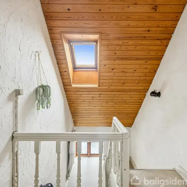 Trappeopgang med hvidmalede vægge og trægulv. Et ovenlysvindue lukker lys ind i rummet. En grøn plante hænger på væggen ved siden af et maleri.