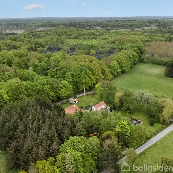 Et hus med rødt tag ligger blandt tæt skov, omgivet af grønne marker med en vej i forgrunden. Skovbeklædte bakker strækker sig i baggrunden under en blå himmel.