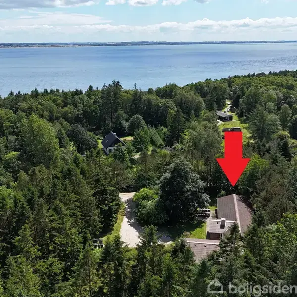 Et hus set fra oven, markeret med en rød pil, ligger midt i en skovklædt område tæt på en kystlinje med udsigt over en blå havoverflade i baggrunden.