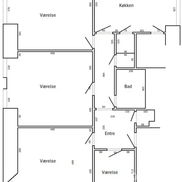 Plantegning viser et værelse til venstre, et badeværelse øverst til højre og en entre nederst. Værelse: 409x181. Bad: 156x236. Entree: 137x235. Døre forbinder rummene.