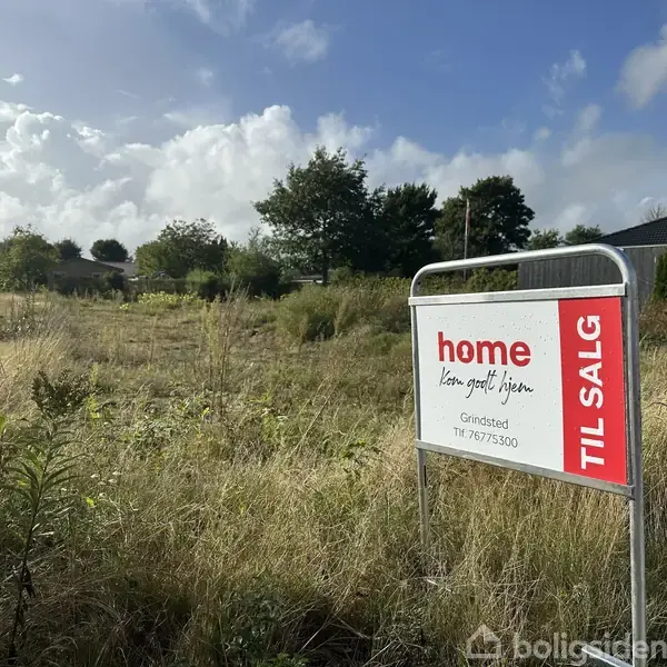 Et skilt står på en tilgroet grund og viser "home – Lev godt hjemme, Grindsted, Tlf. 75775300, TIL SALG". Skiltet annoncerer salget i et grønt boligområde med spredte træer.