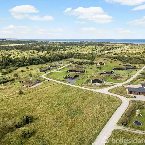 En række huse ligger spredt langs snoede veje i et grønt, åbent landskab med skov i baggrunden og havet i det fjerne.