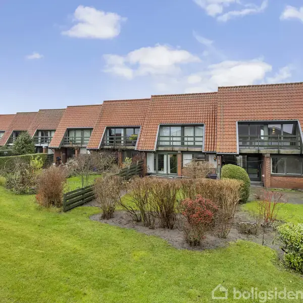 Rækkehuse med røde tegltage står på række, omkranset af en velplejet have med buske. Den blå himmel danner en klar baggrund.