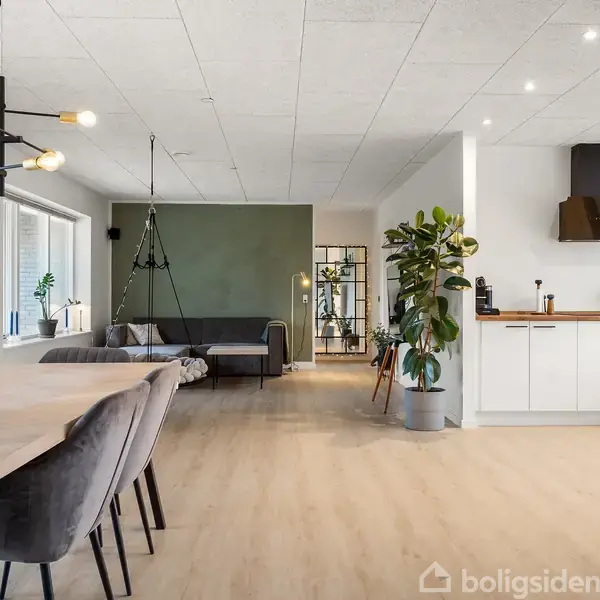 Spisebord med stole står i spisestue ved siden af køkkenet i et moderne åbent rum. Der er grønne planter, loftslamper, og en grå sofa i baggrunden nær et vindue.