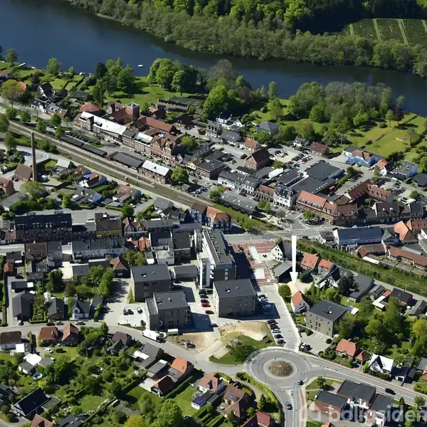 Byområde ses fra oven med bygninger og huse omgivet af grønne områder og en flod i baggrunden. En rundkørsel forbinder vejene gennem bybilledet.