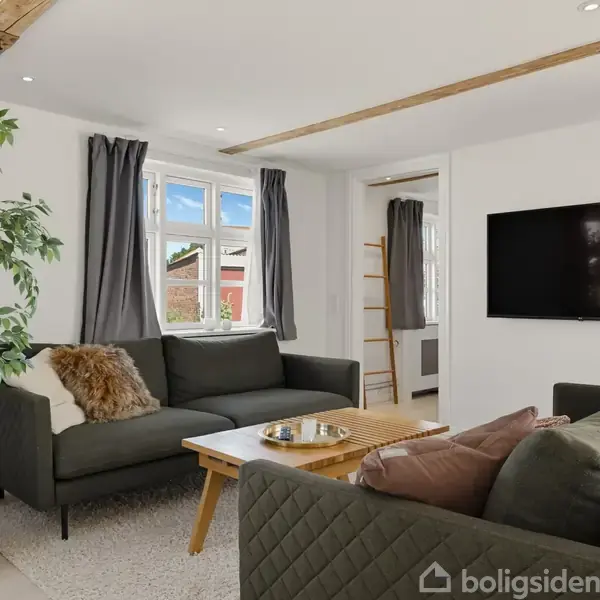 To grønne sofaer står mod hinanden i en lys stue. En stor fladskærm hænger på væggen. Store vinduer med mørke gardiner tillader naturligt lys at strømme ind.