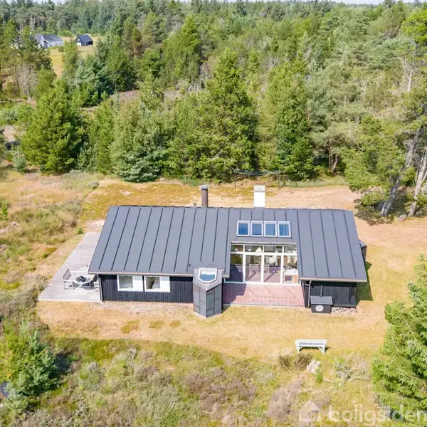 Et sort sommerhus står stille omgivet af tæt skov og åbent landskab. Taget har flere ovenlysvinduer, og foran er der en terrasse.