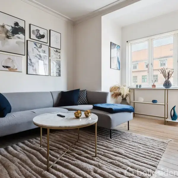 Grå sofa med blå puder står på et lyst tæppe i en stue, dekoreret med kunst på væggen og et rundt hvidt sofabord. Store vinduer lader sollys strømme ind.