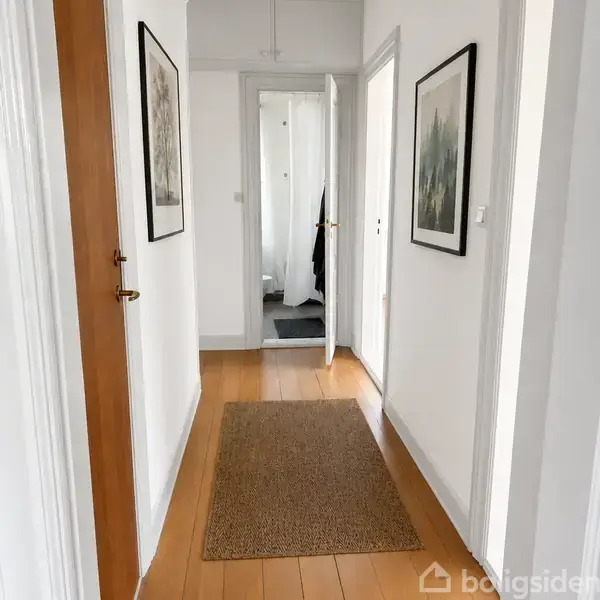 En gang med trægulv og en måtte leder til et åbent dørparti, hvor et gardin og badeværelsesting ses. På væggene hænger to indrammede billeder.