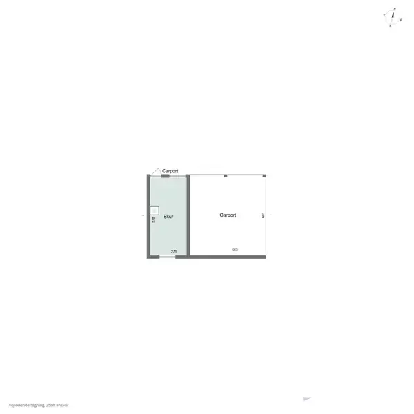 Carport med tilstødende skur, viser et simpelt layout. Skur er markeret til venstre og angivet med “Shed," mens carport er på højre side. Dimensioner angivet som 271 og 503.
