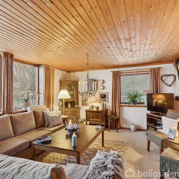 En stor, beige sofa med puder omkranser sofabordet i en hyggelig stue med træloft. Et TV står ved vinduet, omgivet af dekorationer og planter, der skaber en varm atmosfære.