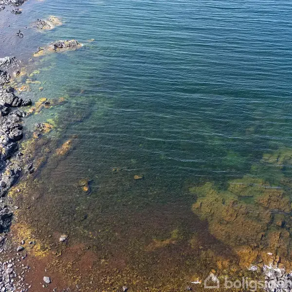 Kyst med klipper strækker sig mod havet, hvor vandet skifter fra lavt, gennemsigtigt til dybt blåt. Grønne alger og klare, stenede formationer præger kystlinjen i en naturlig scene.