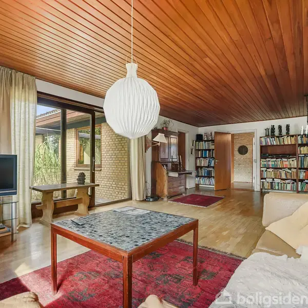 Stue med fladskærms-tv på glasskabinet, lysebrun sofa, og et firkantet sofabord. Hylder med bøger mod bagvæggen, træloft og store vinduer til venstre med gardiner. Røde tæpper på gulvet.