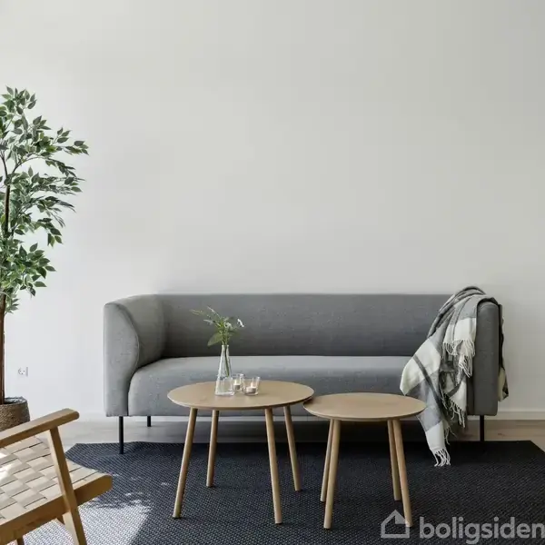 En grå sofa står i en stue med en grøn plante ved siden af. Foran sofaen er der to runde træborde med glas og grønne grene. Ved siden af står en høj, hvid gulvlampe.