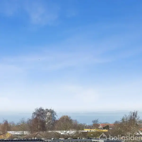 Træer står i stilhed foran en række lave bygninger, mens en klar blå himmel breder sig over dem. Nederst ses enkelte hustage svagt synlige i horisonten.