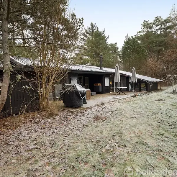 Et mørkt træsommerhus med terrasse står blandt træer og buske. En grill er dækket ved siden af et picnicbord med to parasoller. Græsset er let dækket af frost.