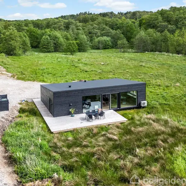 Et sort, rektangulært hus ligger på en stor, grøn græsplæne. Store glasdøre åbner ud til en terrasse med havemøbler. En grusvej fører til huset. Skov omgiver området.