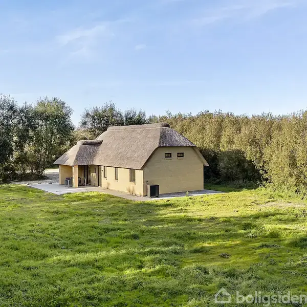 Stråtækt hus står stille omgivet af en frodig grøn græsplæne og skovområde i baggrunden.