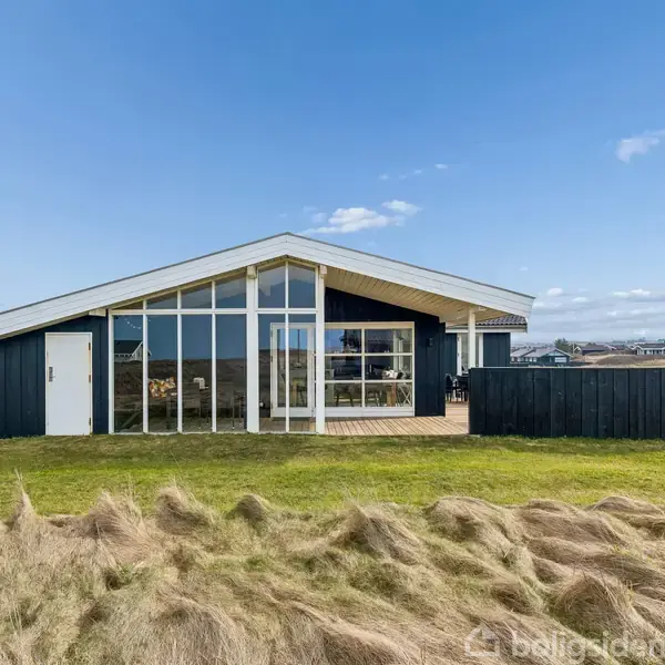 Et sort, moderne sommerhus med store vinduer står stille i et åbent græsareal under en klar, blå himmel. I baggrunden ses andre huse.