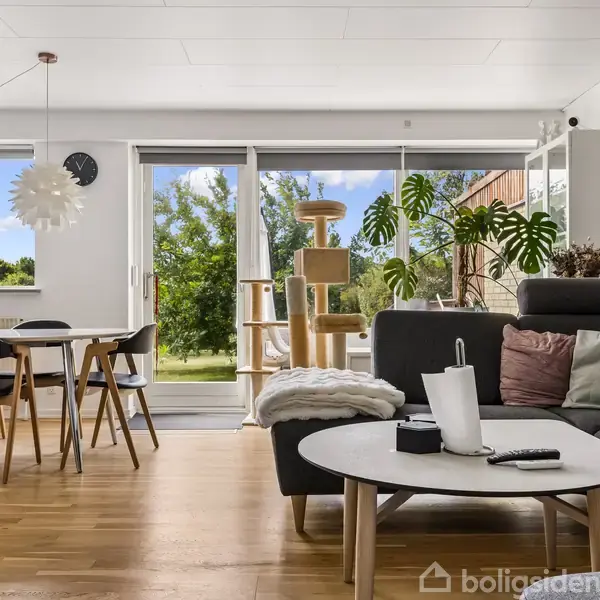 Stue med træbord og grå sofa. Et kattetårn står ved glasdøre, der åbner mod en have med træer. Store vinduer lader lys strømme ind.