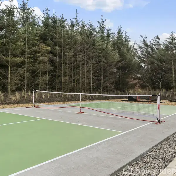 En tennisbane med et net står ubenyttet. Banen er omgivet af høje grantræer under en blå himmel.