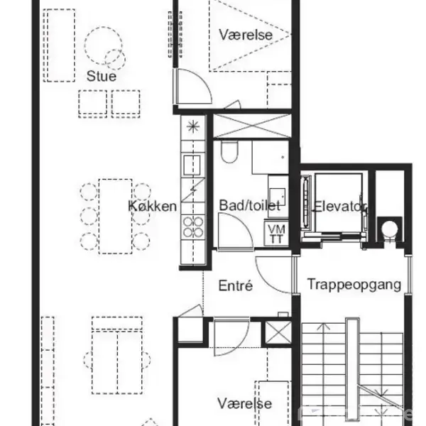 Grundplan med køkken, stue, bad/toilet, og entré. Elevator og trappeopgang ved siden af. "Stue," "Køkken," "Bad/toilet," "Entré," "Elevator," og "Trappeopgang" er markeret med tekst.