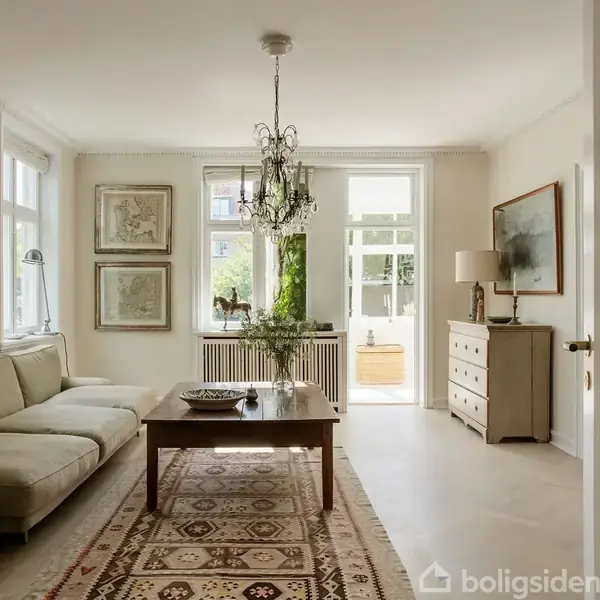 En stue med en sofa står ved siden af et træbord. En lysekrone hænger fra loftet, og store vinduer giver naturligt lys. Malerier og planter pynter rummet.