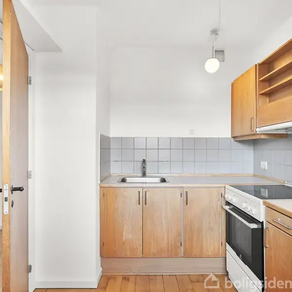 Køkken med træskabslåger og gråt flisebelagt backsplash; elektrisk komfur og ovn; dør til venstre åbner ud til en gang med en hængende lampe.