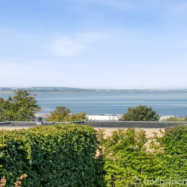 Havet strækker sig i baggrunden med en klar blå himmel, mens grønne buske og et hustag ses i forgrunden. En fredfyldt kystudsigt.