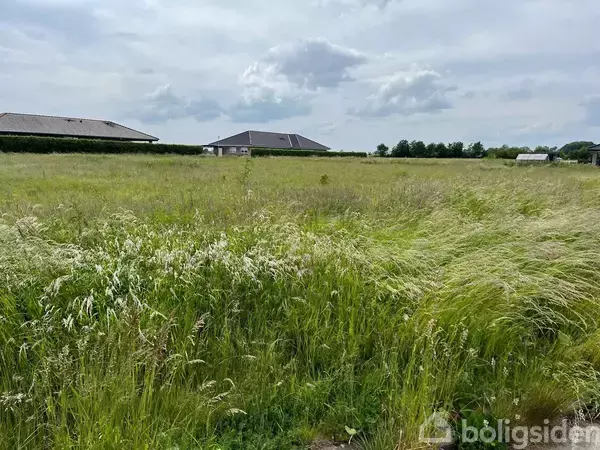 En stor græsmark strækker sig ud i forgrunden, mens to lave bygninger ligger i baggrunden under en overskyet himmel.