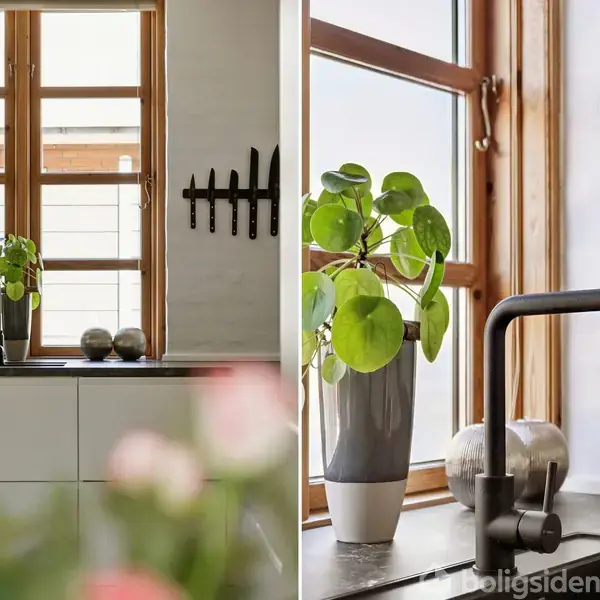 Planter i potter står på en køkkenbordplade ved et vindue med træramme. Vandhanen er sort. Knive hænger på en magnetisk holder ved væggen.