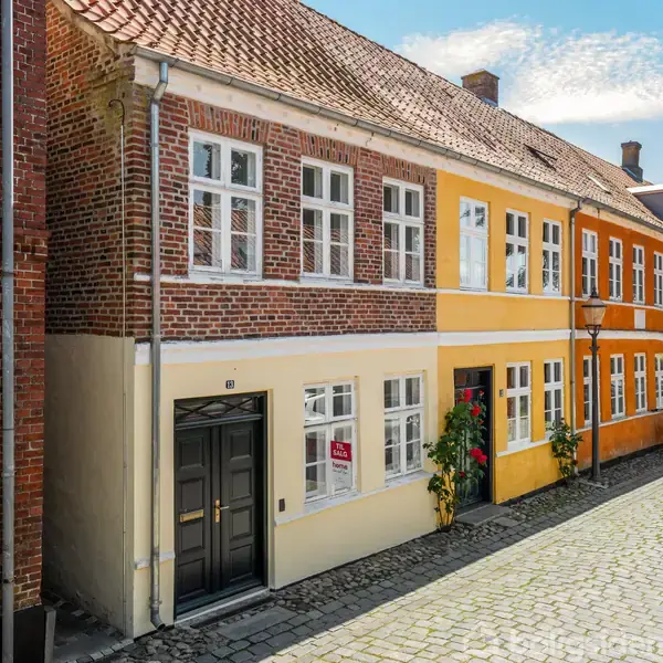 Rækkehuse med farverige facader står langs en brostensbelagt gade. Røde og gule nuancer dominerer bygningerne, mens grønne planter pryder indgangen. En bil er parkeret til højre.
