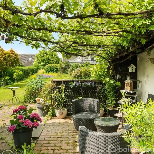 Adskilligt møbleret terrasseområde med flettede stole og grønne planter. En stor have med græs omkranser terrassen. En vægdekoreret ur hænger ved siden af en træstige.