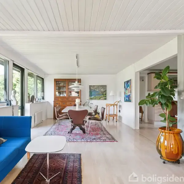 En stue med en blå sofa står ved siden af et moderne sofabord. Et stort vindue slipper lys ind, omkranset af planter og kunst på væggene. En bogreol og et spisebord ses i baggrunden.
