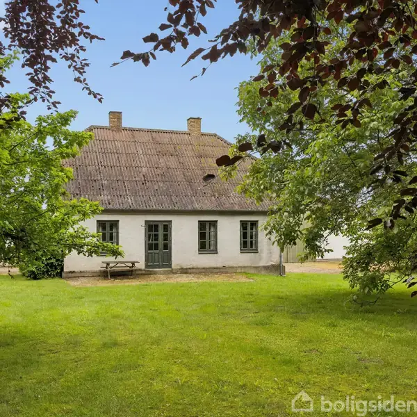 Et hvidt hus med mørkt stråtag står i en grøn have omgivet af træer. Foran huset står en bænk på græsplænen.