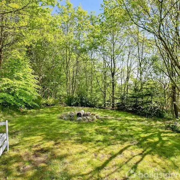 Bænken står stille på en solrig græsplæne omgivet af træer i en skovklædt have. I midten er der en bålplads lavet af sten.