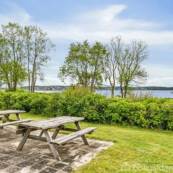 To picnicborde står på en terrasse, omgivet af græs og buske. Bagved ses træer og en udsigt over en sø. Himlen er klar med få skyer.