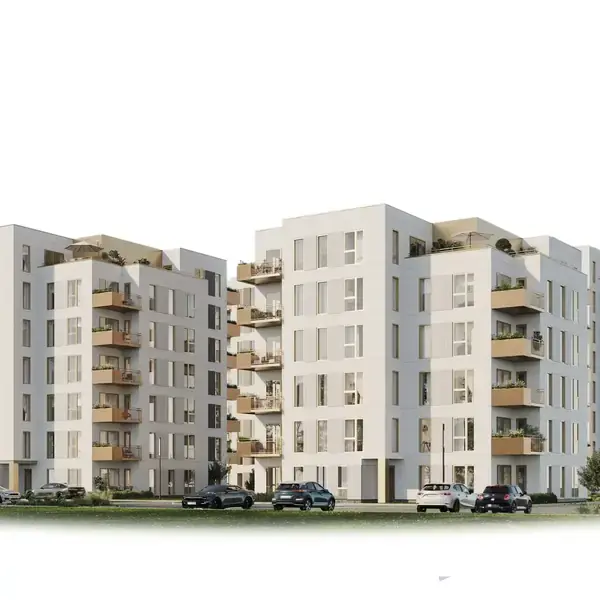 Flere moderne lejlighedsbygninger står side om side, omgivet af grønne områder og parkerede biler. Bygningerne har altaner og store vinduer under en klar himmel.