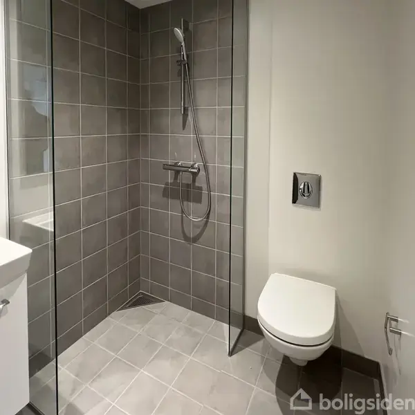 Et moderne badeværelse har en bruseniche med glasvægge og grå fliser, der danner en kvadratisk brusekabine. Ved siden af står et hvidt toilet på en lysegrå flisebelægning.