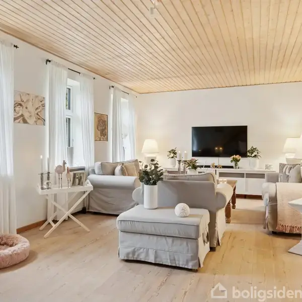 Stue med lyse møbler og sofabord omkring et tæppe. Fladskærmstv hænger mod en hvid væg. Store vinduer med hvide gardiner lader lys ind. Pejs ses til venstre.