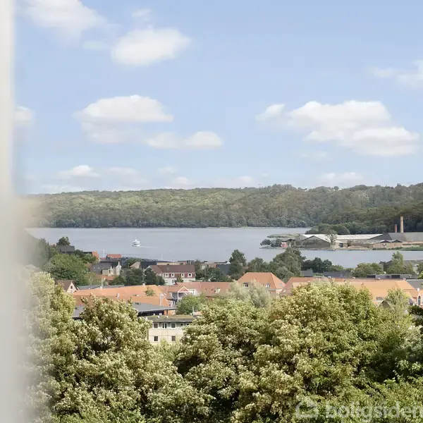 En udsigt over en by med røde tage, grønne trætoppe i forgrunden, en sø i midten, og en skov i baggrunden under en blå himmel med skyer.