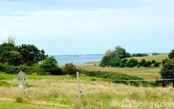 Græsmarker breder sig mod en fjern kystlinje med frodige træer og buske. Havet anes i baggrunden, himlen er klar og blå.