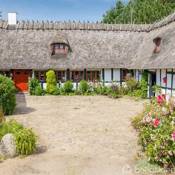 Stråtækt bindingsværkshus omgivet af en brostensgårdsplads og farverige blomsterbede. Huset har hvid facade, sorte bindingsværk detaljer og rød dør. Omgivet af frodig grøn beplantning.