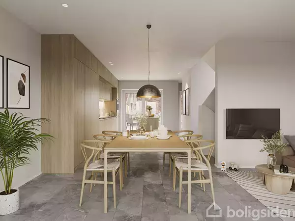 Et moderne spisestuemiljø med et langt træbord omgivet af seks stole. Over bordet hænger en sort lampe. Rummet har lyse vægge, en plante og kunst på væggene.