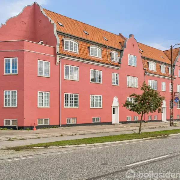 En stor, lyserød bygning med rødt tegltag står langs en vej. Flere træer er plantet foran bygningen, og vejbanen ses med fortov i bymiljø.