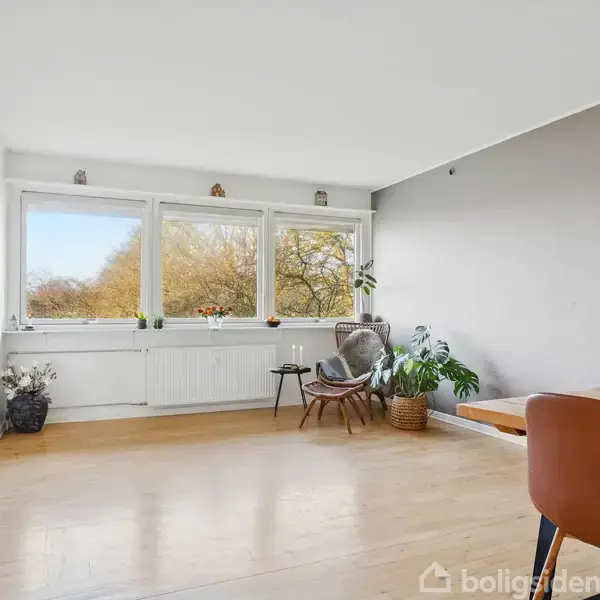 Et lyst, minimalistisk rum med trægulv. En bord med vinflaske og glas er mod højre, stol og planter til venstre. Store vinduer giver udsigt til træerne udenfor.