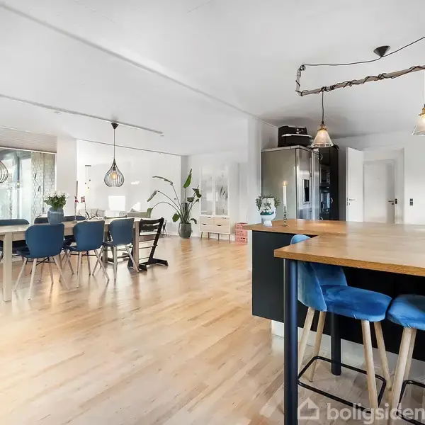 Spisestue med trægulve og moderne indretning, indeholdende spisebord med blå stole. Store vinduer giver lys, og køkkenområde med barstole ses til højre. Flere planter dekorerer rummet.